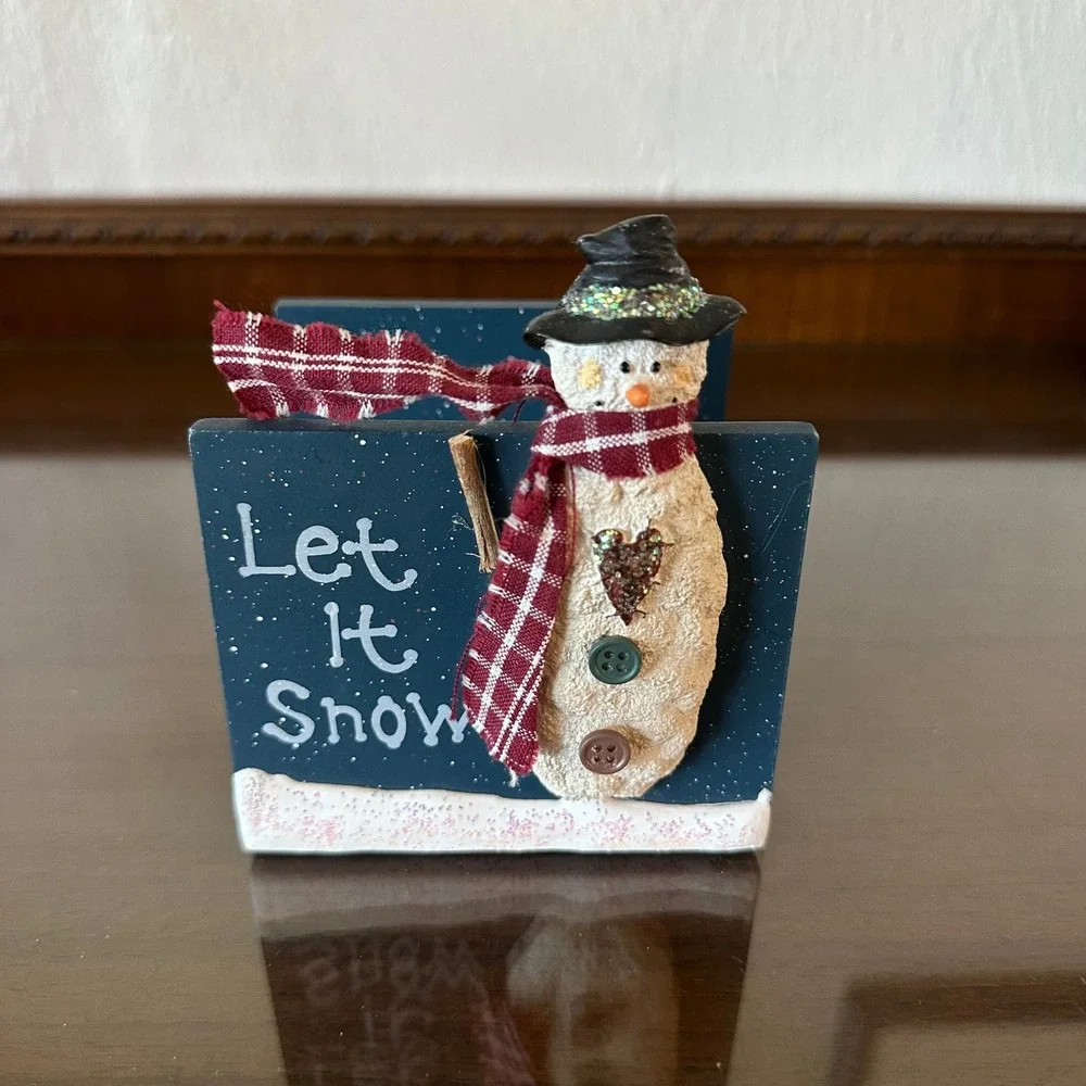 Rustic Snowman Let It Snow Wooden Napkin Holder Winter Holiday Decor Blue
